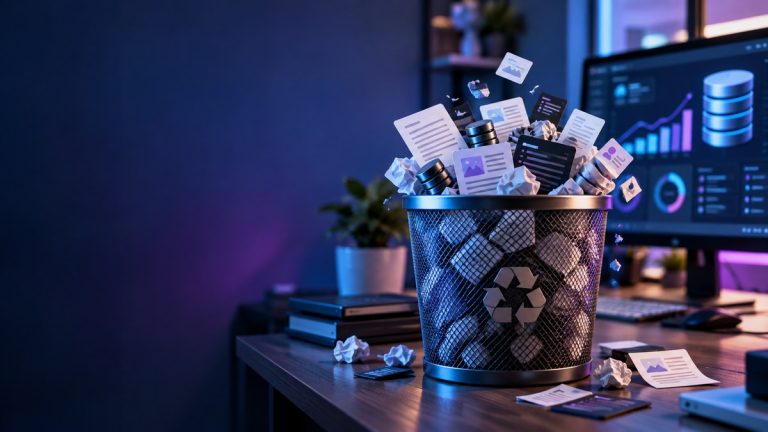 Papelera llena de datos digitales que representa una base de datos WordPress saturada