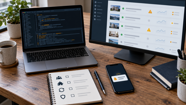 Escritorio de desarrollo con código, revisión de plugins WordPress y alertas de monitorización